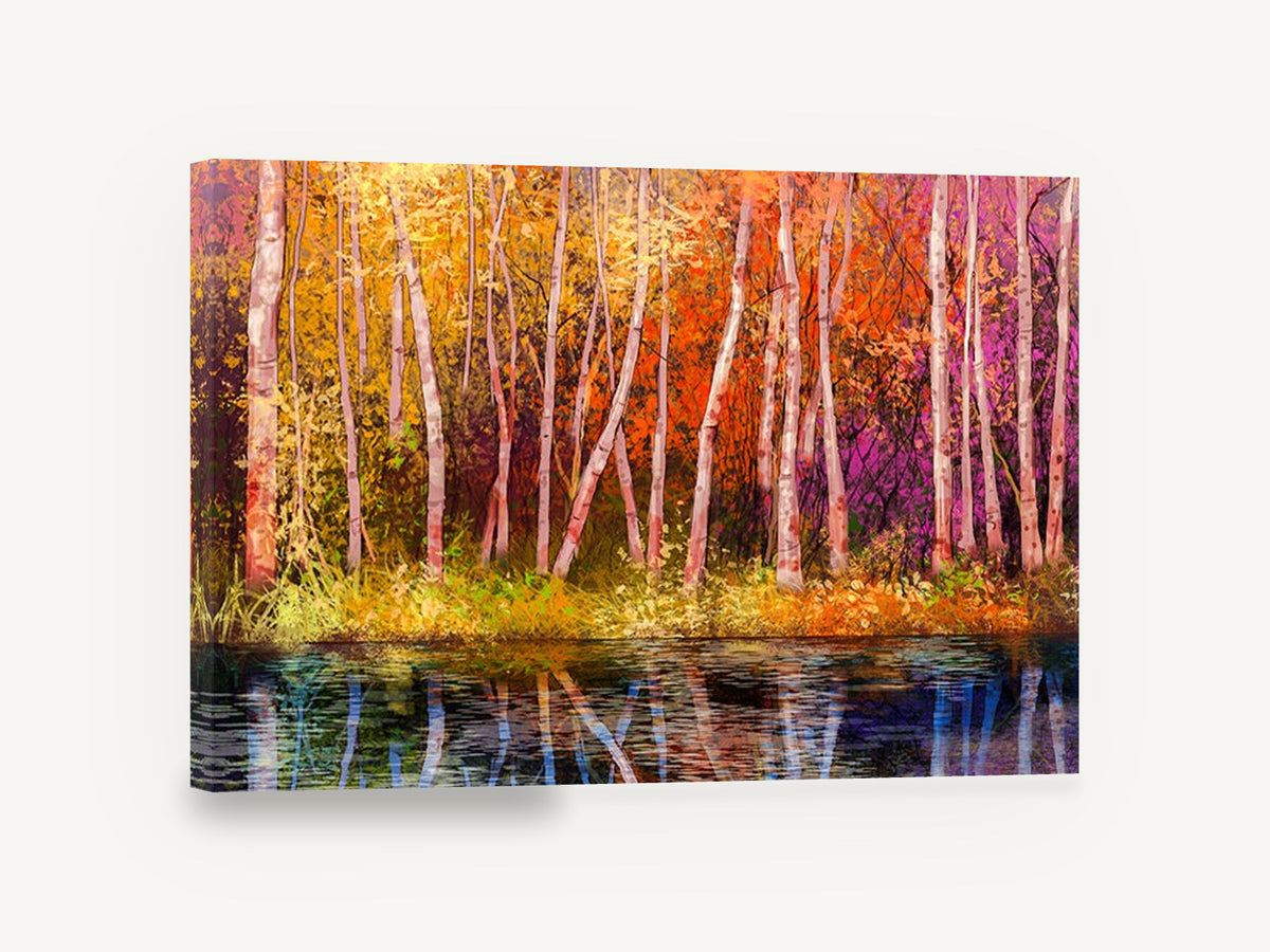 Birch Glow Reflection, autumn birch trees lake reflection, landscape canvas wall art print ready to hang