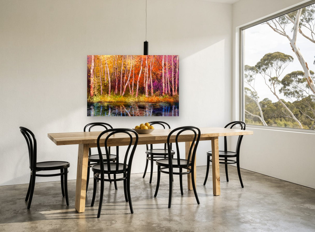 Birch Glow Reflection landscape canvas print on the wall of a dining room