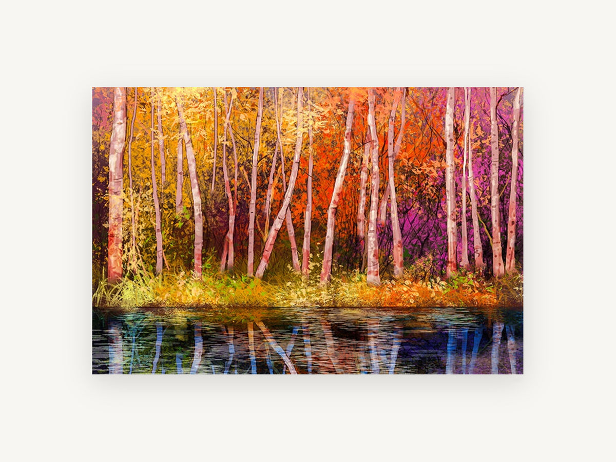 Birch Glow Reflection, autumn birch trees lake reflection, landscape canvas wall art print, front view