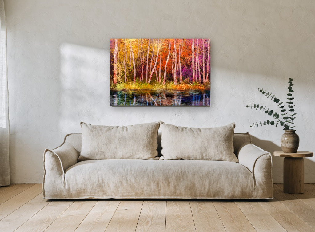 Birch Glow Reflection landscape canvas print on the wall of a living room