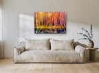 Birch Glow Reflection landscape canvas print on the wall of a living room