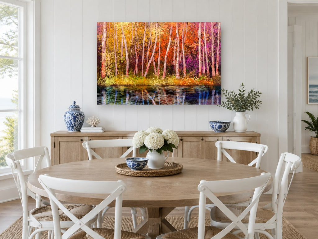 Birch Glow Reflection landscape canvas print on the wall of a Hamptons dining room