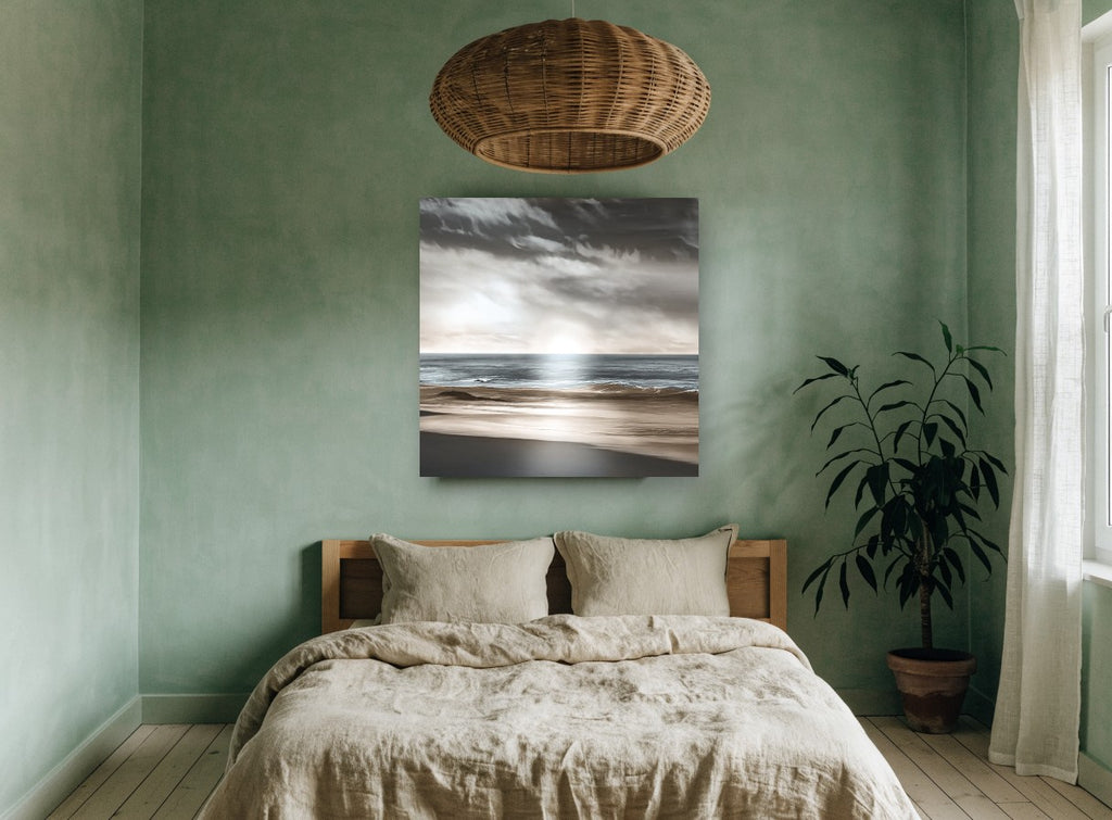 Silver Light Shoreline coastal canvas print on the wall of a bedroom
