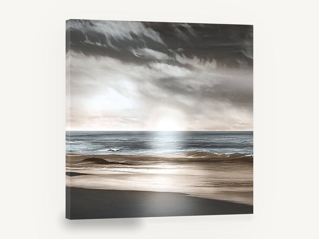 Silver Light Shoreline, silver sunset beach seascape, coastal canvas wall art print ready to hang