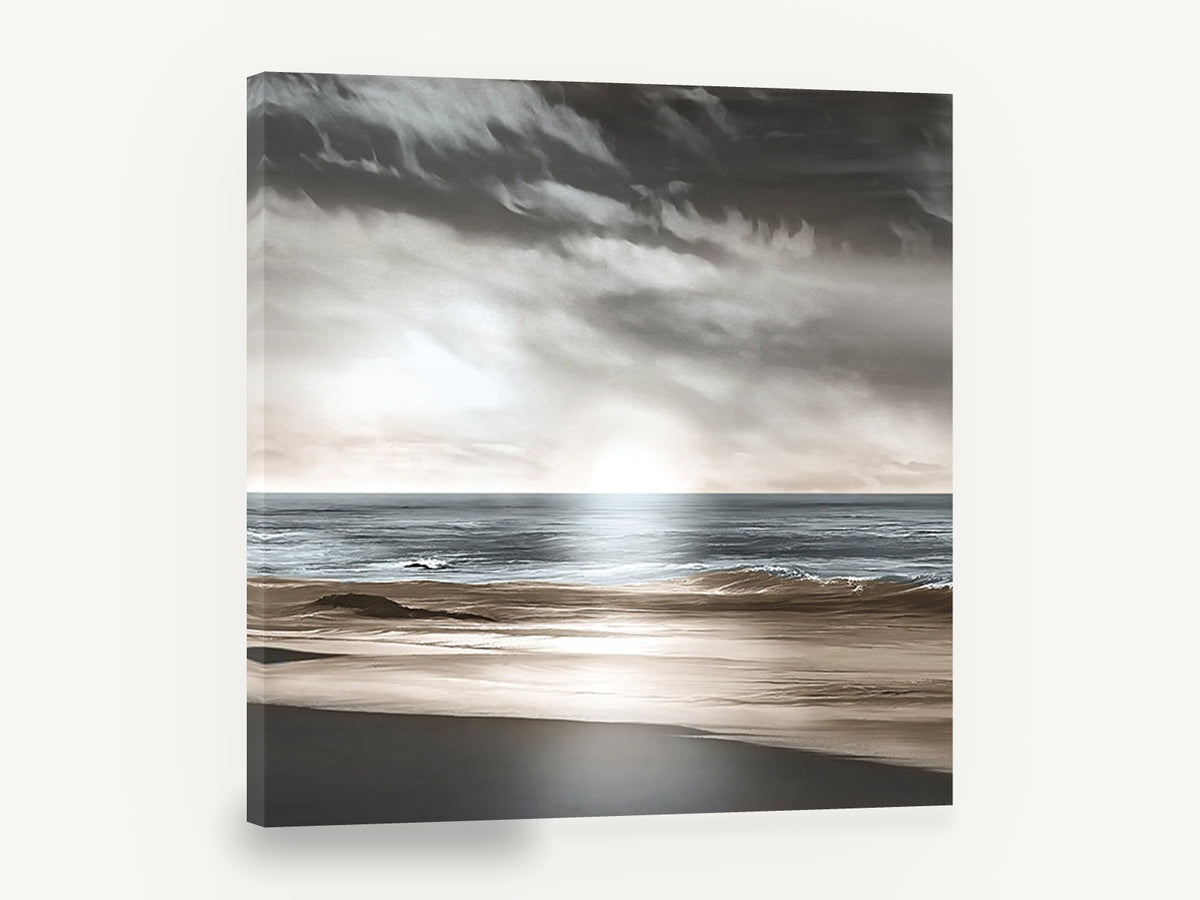 Silver Light Shoreline, silver sunset beach seascape, coastal canvas wall art print ready to hang
