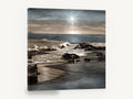 Silver Sun Rocky Shore, sunburst over rocky beach photograph, coastal canvas wall art print ready to hang