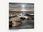 Silver Sun Rocky Shore, sunburst over rocky beach photograph, coastal canvas wall art print ready to hang