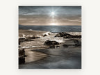Silver Sun Rocky Shore, coastal canvas wall art print, front view