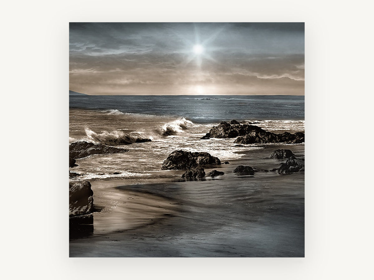 Silver Sun Rocky Shore, coastal canvas wall art print, front view