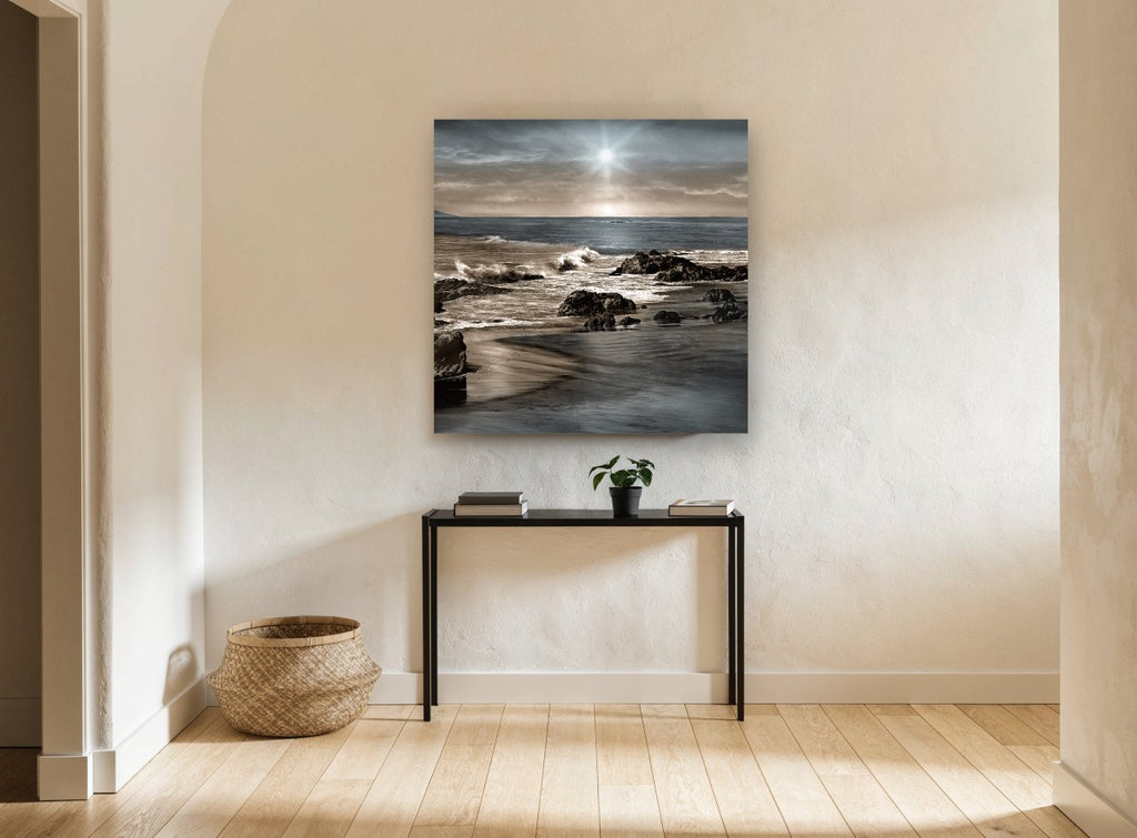 Silver Sun Rocky Shore coastal canvas print on the wall of a hallway