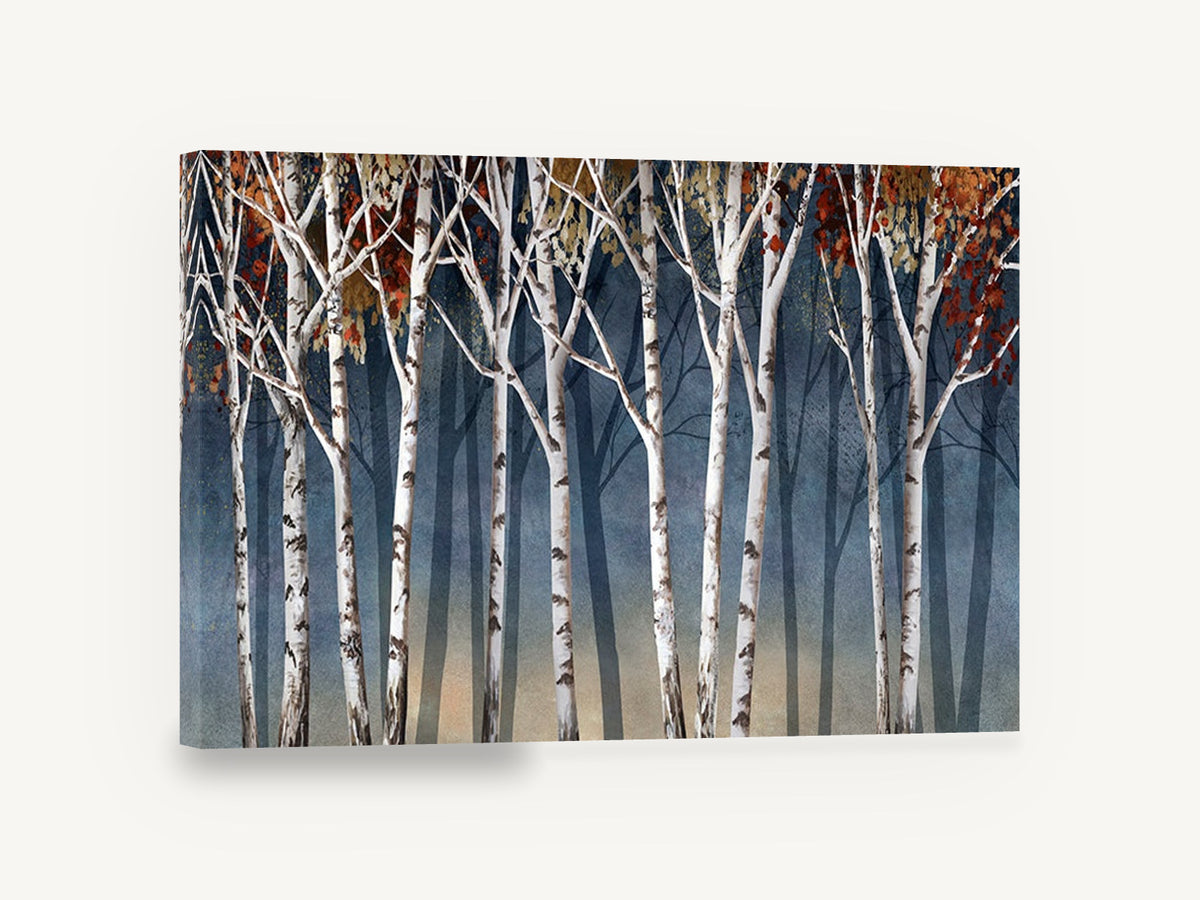 Birch Dusk Shadows, white birch trees autumn illustration, landscape canvas wall art print ready to hang