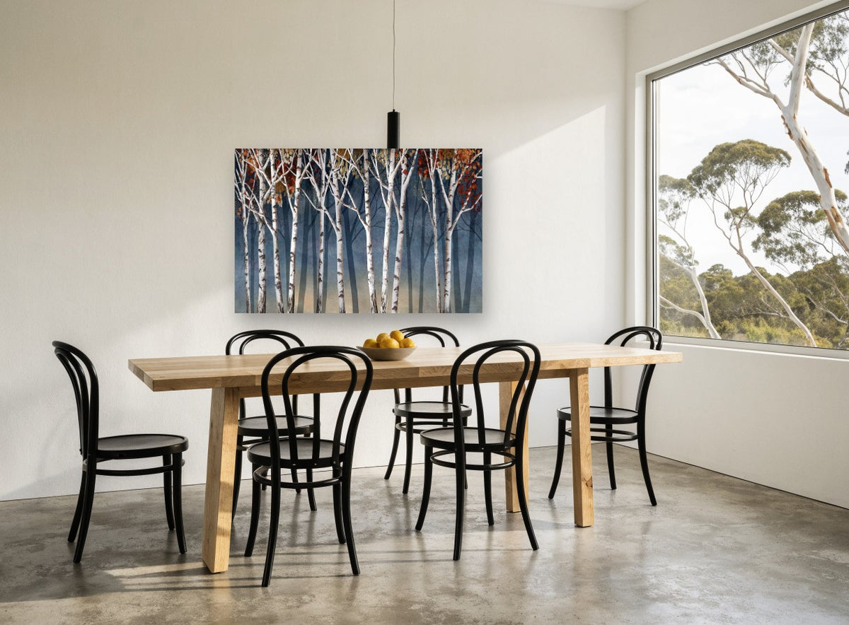 Birch Dusk Shadows landscape canvas print on the wall of a dining room