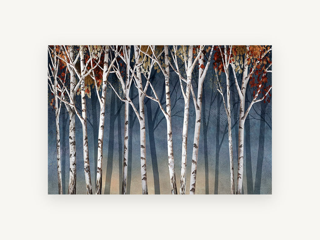 Birch Dusk Shadows, white birch trees autumn illustration, landscape canvas wall art print, front view