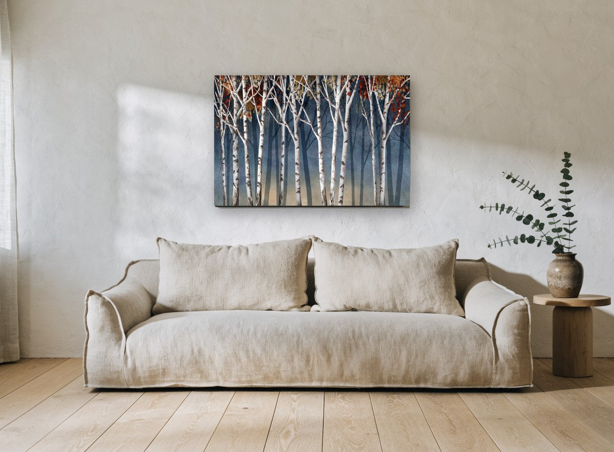 Birch Dusk Shadows landscape canvas print on the wall of a living room