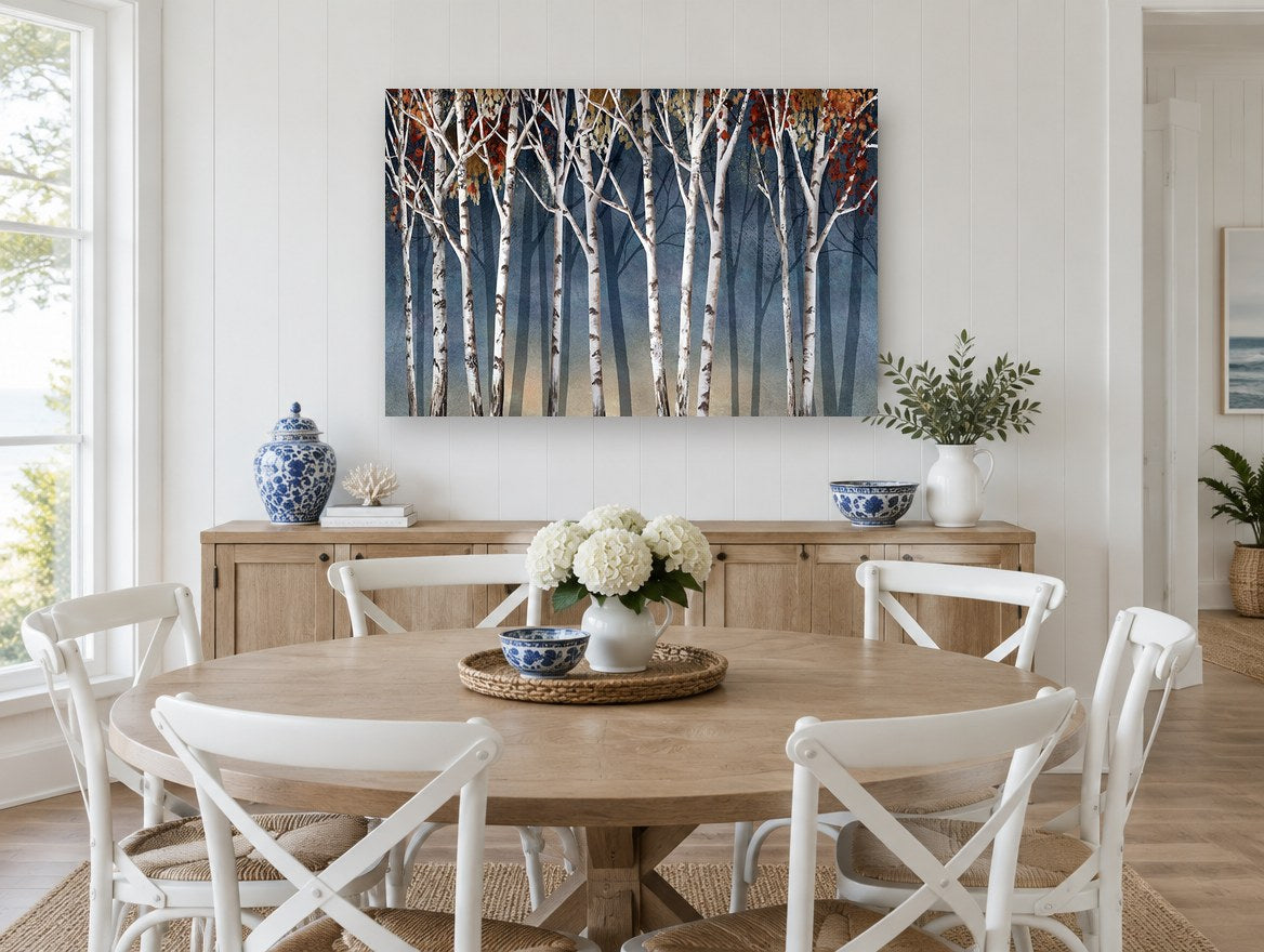 Birch Dusk Shadows landscape canvas print on the wall of a Hamptons dining room