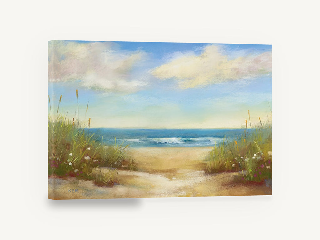 Dune Path Serenity, sandy beach path pastel seascape, coastal canvas wall art print ready to hang