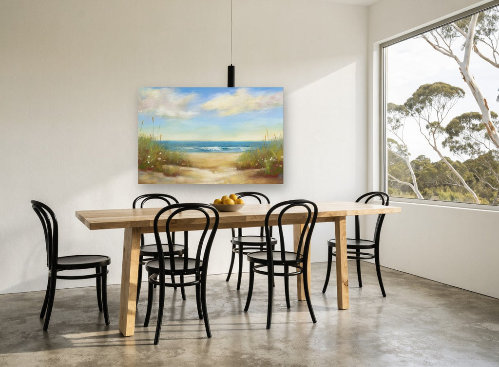 Dune Path Serenity coastal canvas print on the wall of a dining room