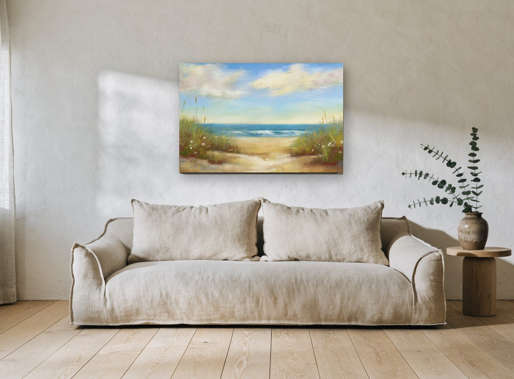 Dune Path Serenity coastal canvas print on the wall of a living room