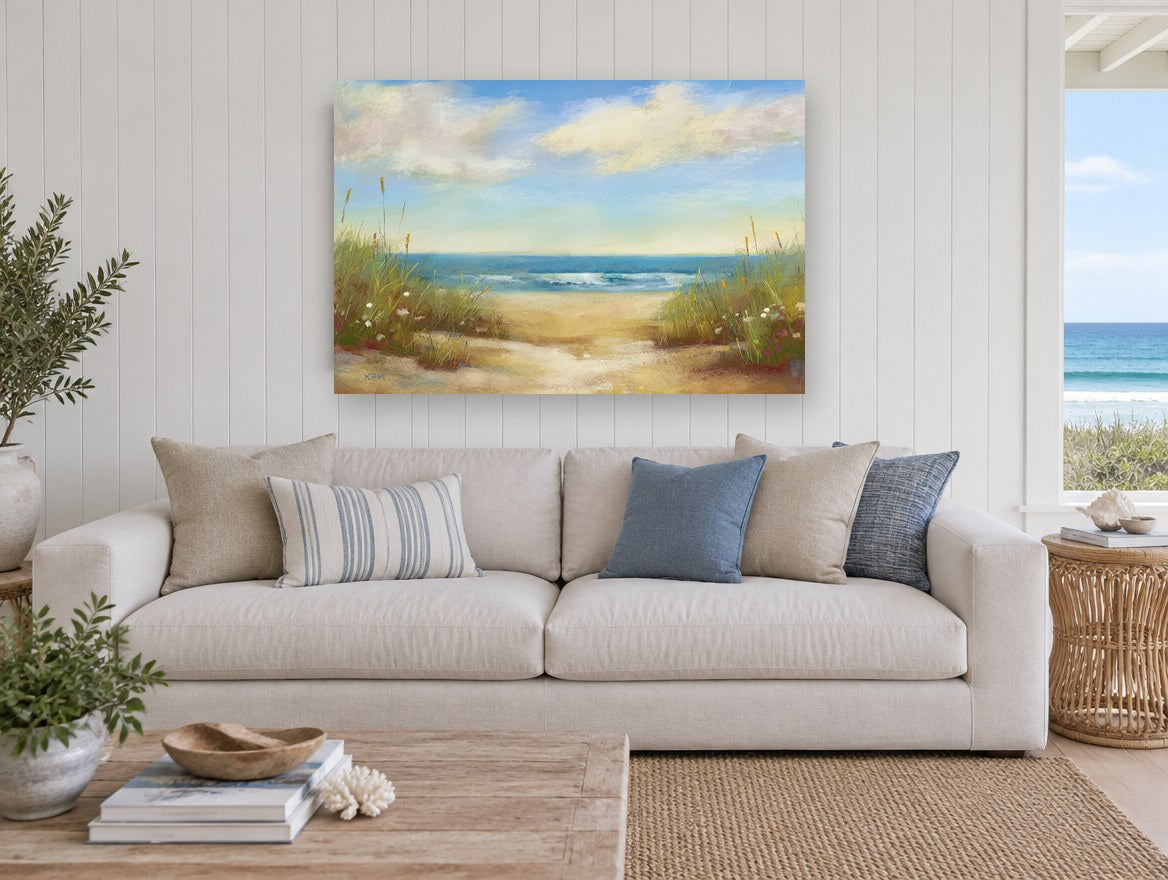 Dune Path Serenity coastal canvas print on the wall of a beach house living room