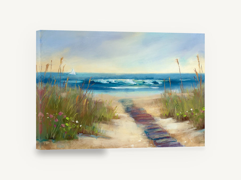 Boardwalk to Calm Surf, beach boardwalk dunes pastel seascape, coastal canvas wall art print ready to hang