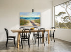 Boardwalk to Calm Surf coastal canvas print on the wall of a dining room
