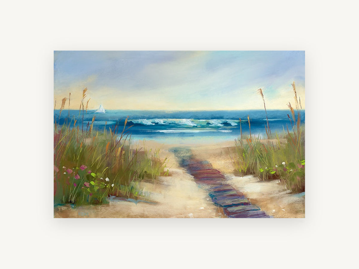 Boardwalk to Calm Surf, coastal canvas wall art print, front view