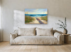 Boardwalk to Calm Surf coastal canvas print on the wall of a living room