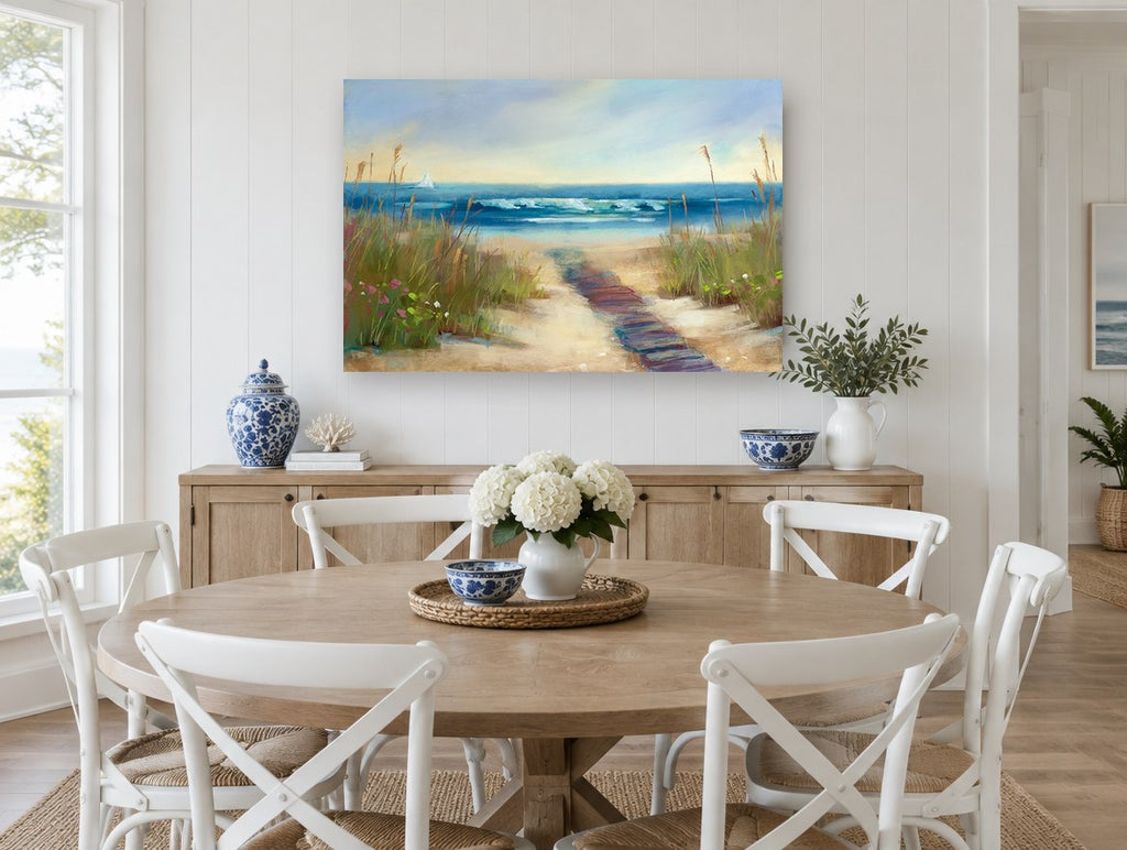 Boardwalk to Calm Surf coastal canvas print on the wall of a Hamptons dining room
