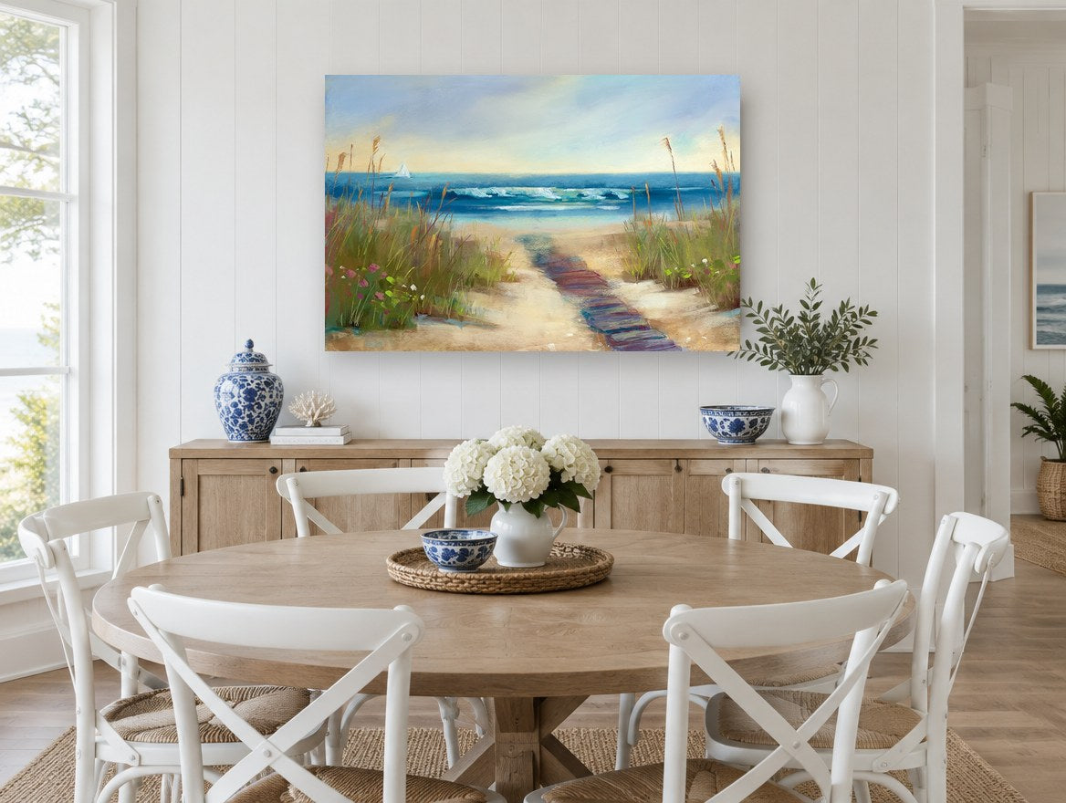Boardwalk to Calm Surf coastal canvas print on the wall of a Hamptons dining room