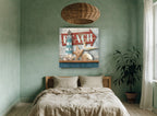 Beach Shelf Still Life coastal canvas print on the wall of a bedroom