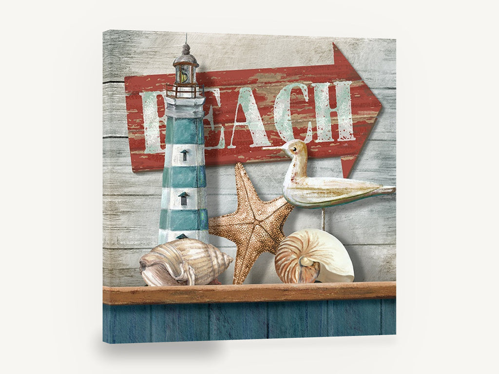 Beach Shelf Still Life, beach sign lighthouse shells still life, coastal canvas wall art print ready to hang