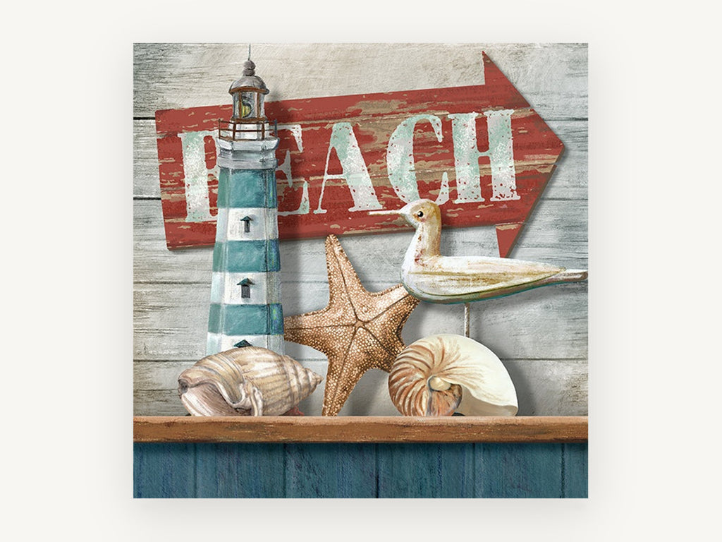 Beach Shelf Still Life, coastal canvas wall art print, front view