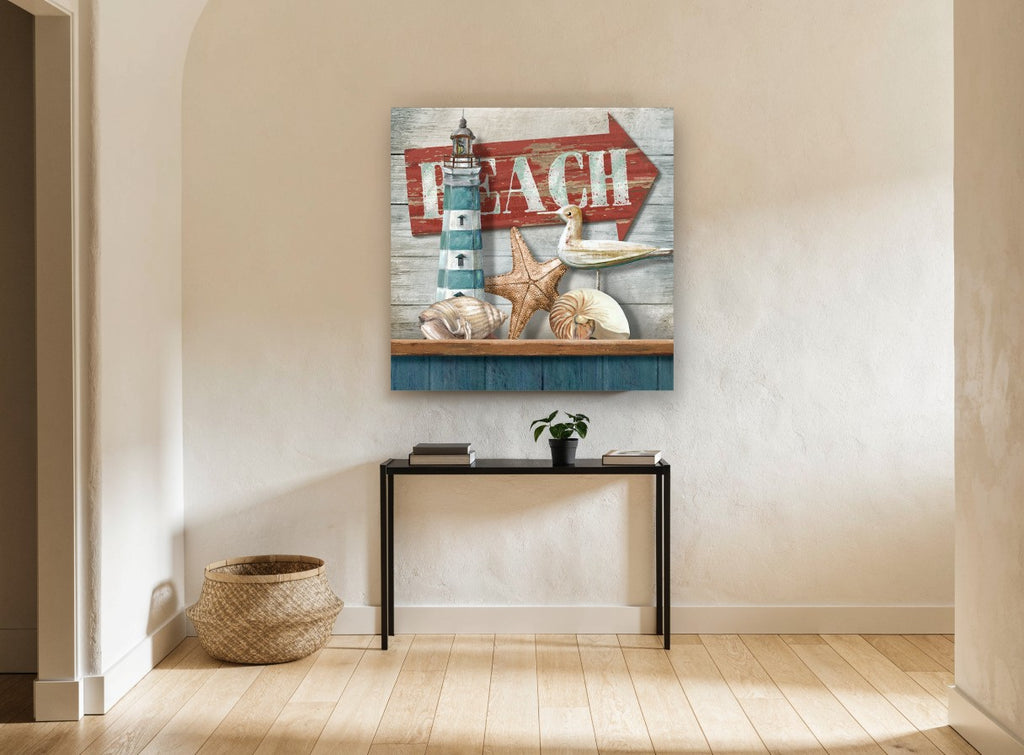 Beach Shelf Still Life coastal canvas print on the wall of a hallway