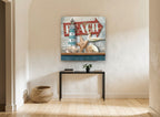 Beach Shelf Still Life coastal canvas print on the wall of a hallway