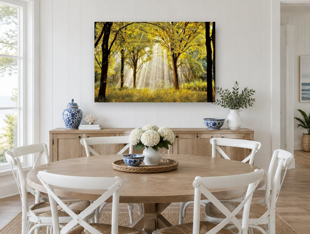 Golden Forest Light landscape canvas print on the wall of a Hamptons dining room