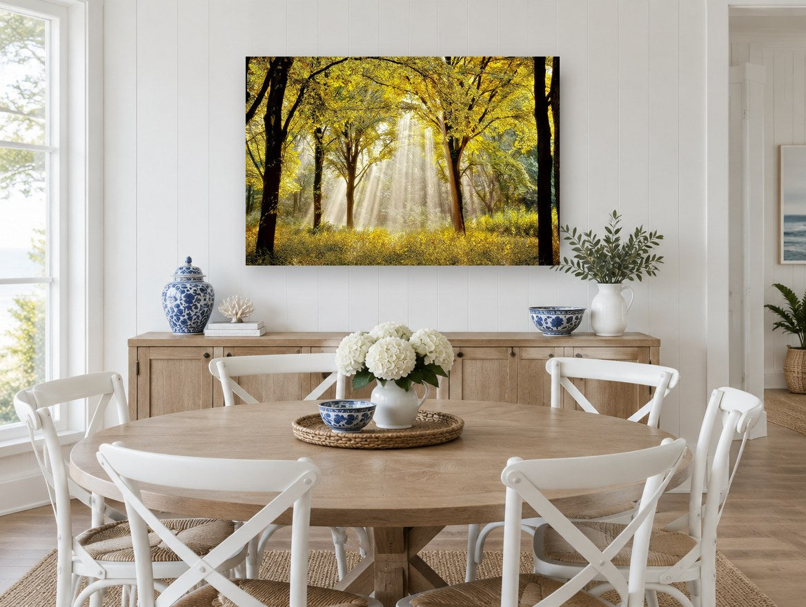 Golden Forest Light landscape canvas print on the wall of a Hamptons dining room