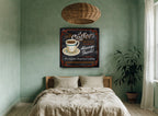 Always Fresh Coffee House vintage canvas print on the wall of a bedroom