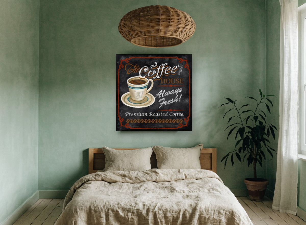Always Fresh Coffee House vintage canvas print on the wall of a bedroom
