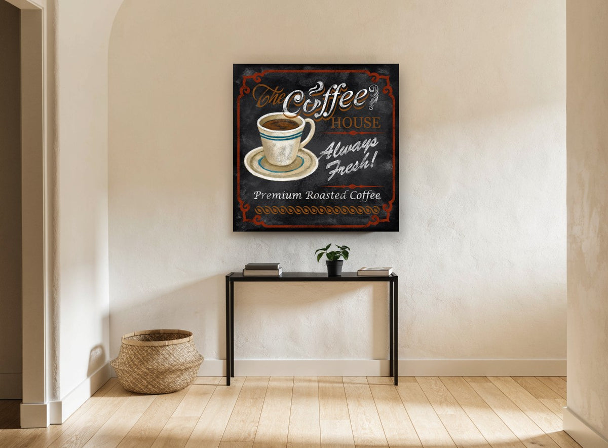 Always Fresh Coffee House vintage canvas print on the wall of a hallway