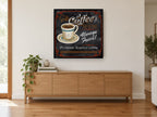 Always Fresh Coffee House vintage canvas print on the wall of a living room above a sideboard