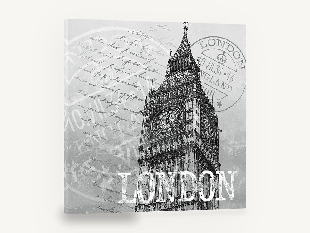 London Postmark Tower, vintage big ben london postmark, stretched canvas wall art print ready to hang