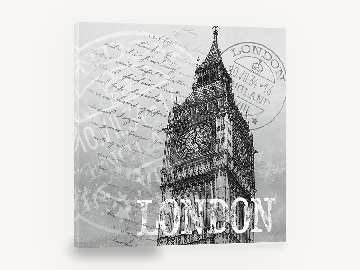 London Postmark Tower, vintage big ben london postmark, stretched canvas wall art print ready to hang