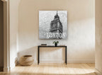 London Postmark Tower vintage canvas print on the wall of a hallway
