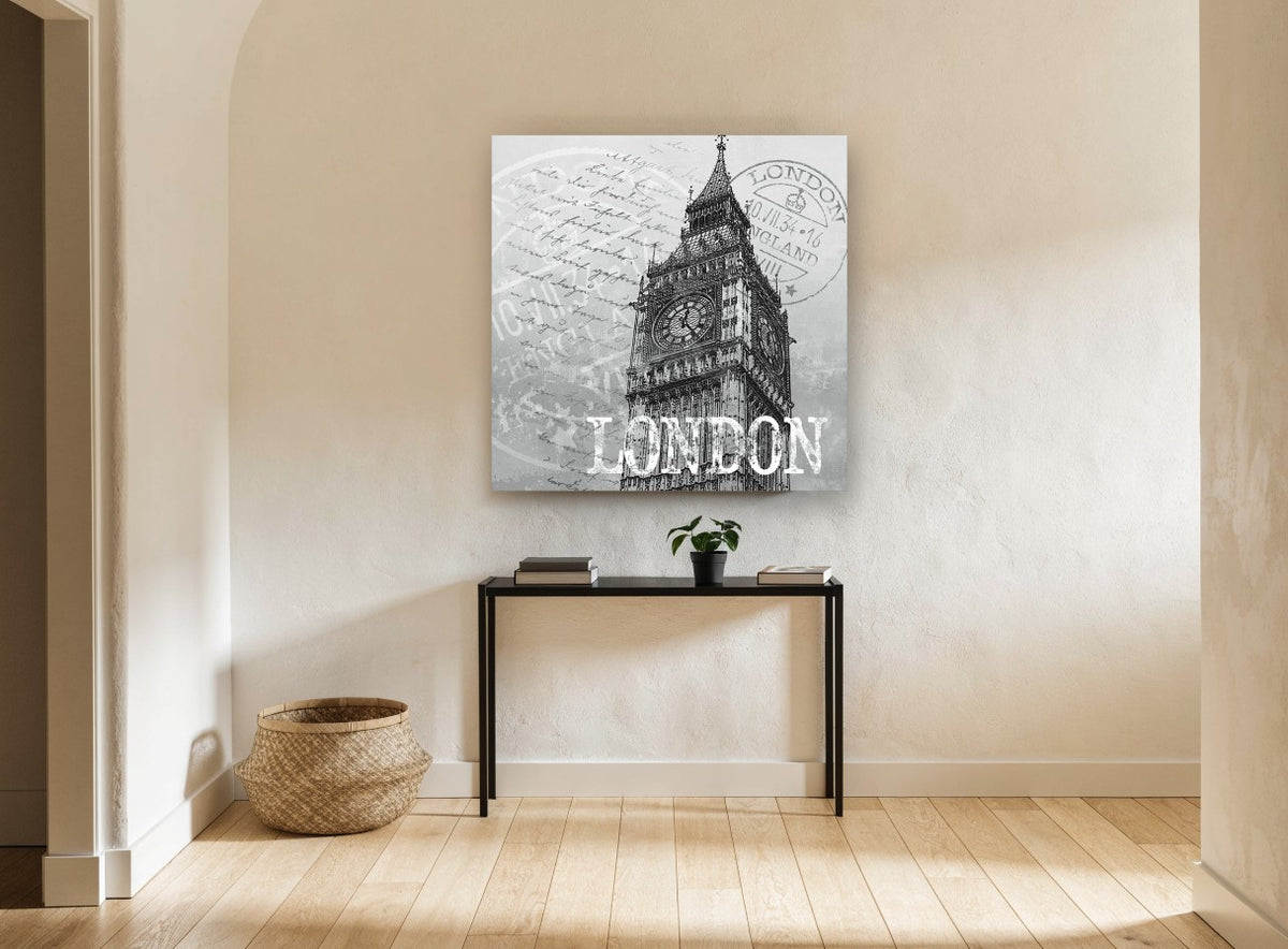 London Postmark Tower vintage canvas print on the wall of a hallway