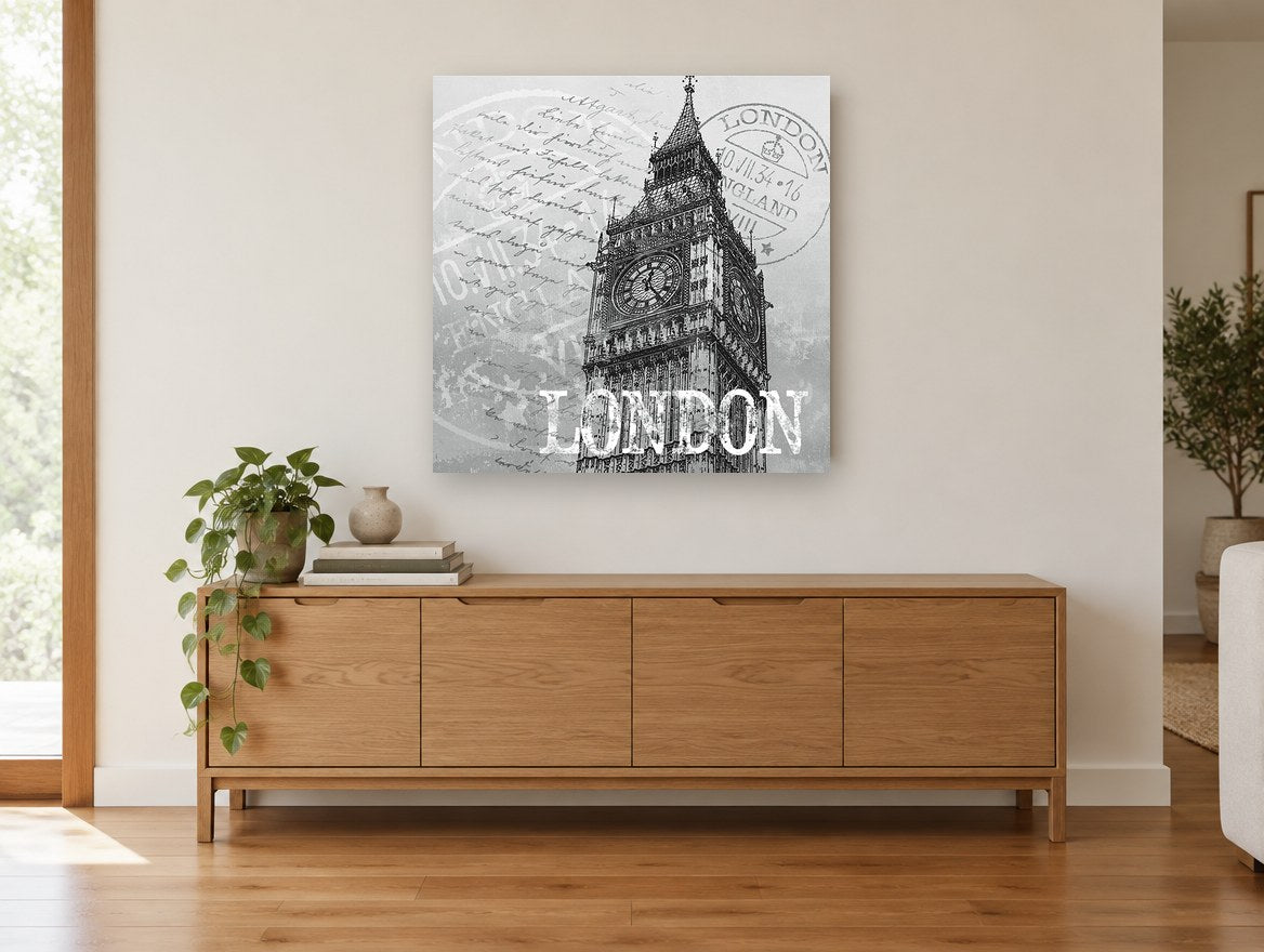 London Postmark Tower vintage canvas print on the wall of a living room above a sideboard