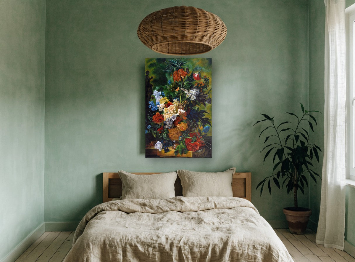 Urn of Garden Blooms floral canvas print on the wall of a bedroom
