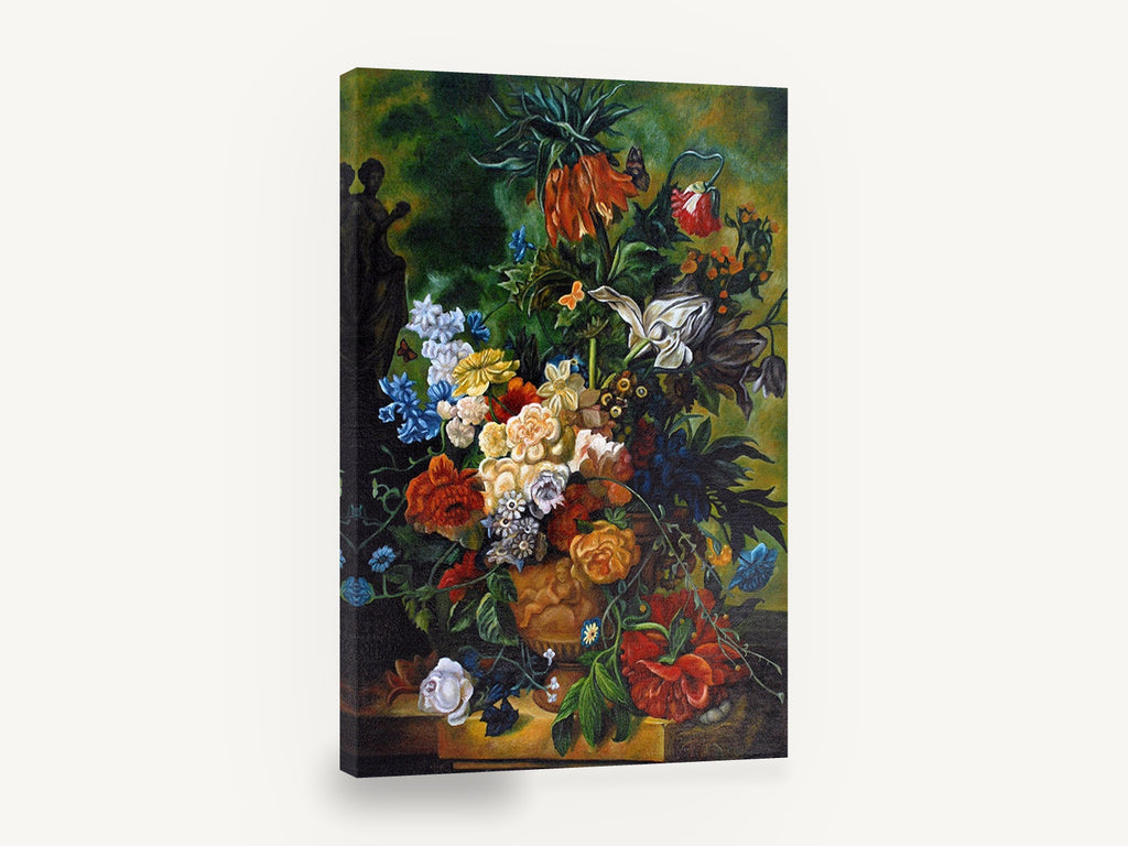 Urn of Garden Blooms, classic floral still life urn painting, floral canvas wall art print ready to hang