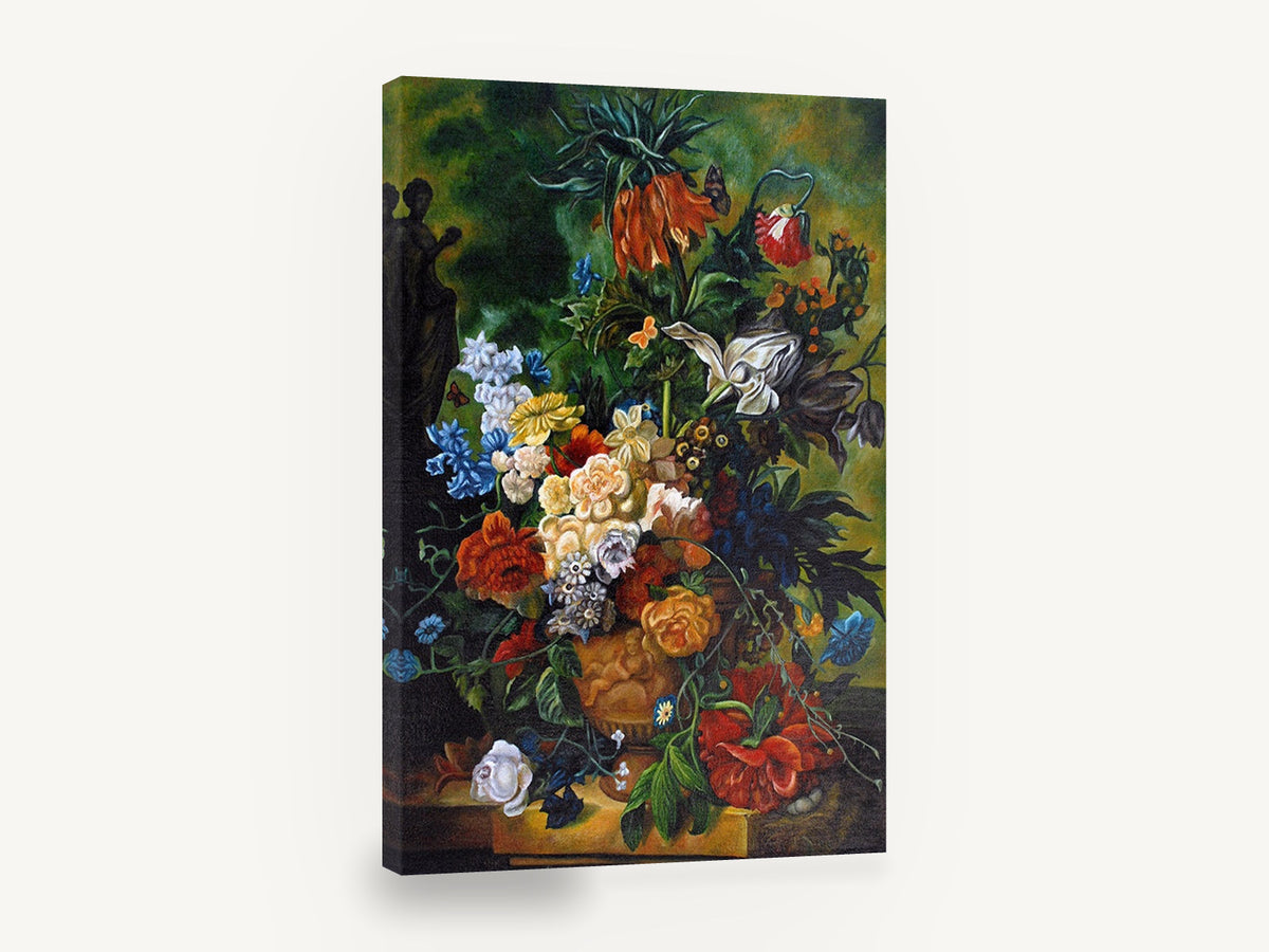 Urn of Garden Blooms, classic floral still life urn painting, floral canvas wall art print ready to hang