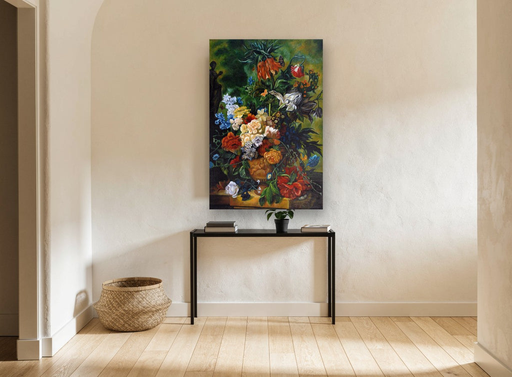 Urn of Garden Blooms floral canvas print on the wall of a hallway