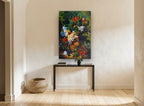 Urn of Garden Blooms floral canvas print on the wall of a hallway